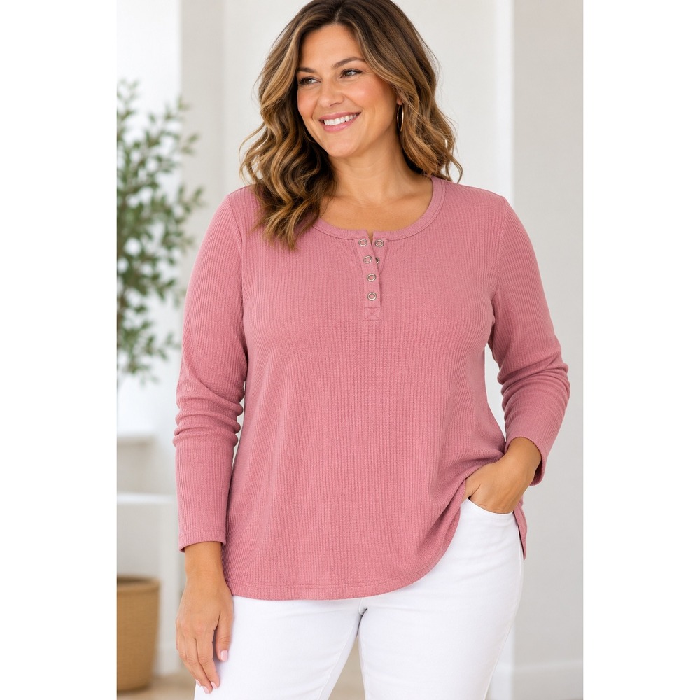 Denim & Co 1X Dusty Rose Waffle Knit Henley Top Coastal Grandmother Pink NWOT